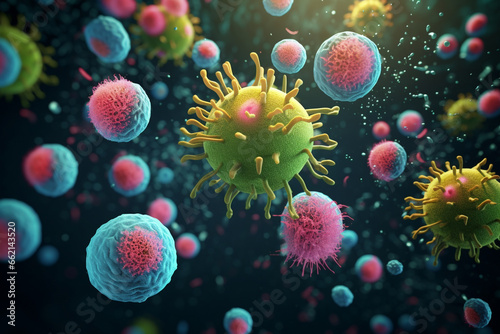 dangerous bacteria, germs, viruses in the human body,  3d rendering, AI generative   © Salawati