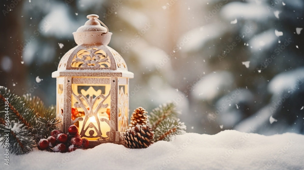 Christmas Lantern On Snow With Fir Branch in the Sunlight Winter Decoration Background