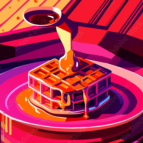 Belgian waffles with syrup on a plate. Vector illustration.