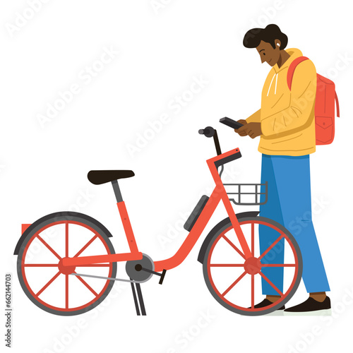 A man using smartphone to pay for city bike rentals.