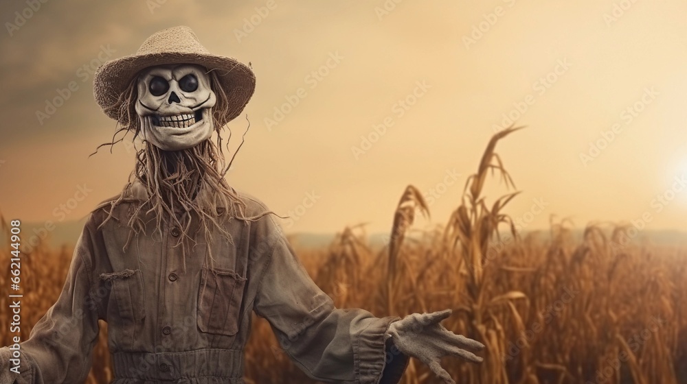 space for text on textured background with funny scarecrow in the field, background image, AI generated