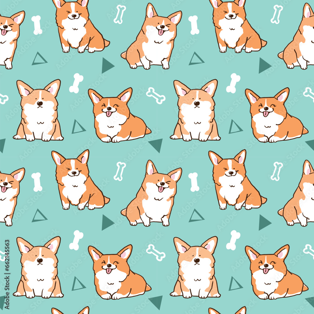 Fototapeta premium Seamless Pattern of Cute Cartoon Corgi Dog Design on Green Background