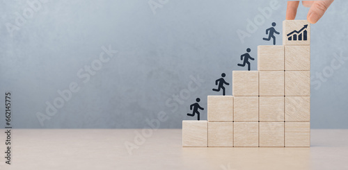 Movement to goal, ladder of success. target goal and silhouette man on wooden cubes. Concept of success and achieving your goal. Ladder career path for business growth success process