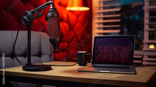 An interior design for a home podcast studio that features a close-up view of a setup with a microphone, laptop, and an "on air" lamp placed on a table for podcast recording