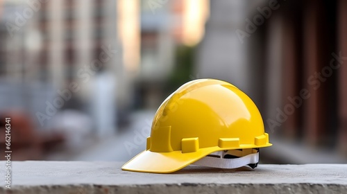 A white and yellow hard safety helmet, an essential safety accessory for engineers and workers, is placed on a concrete floor within an urban environment