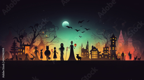 Minimalist Halloween Scene with Multiple Monsters