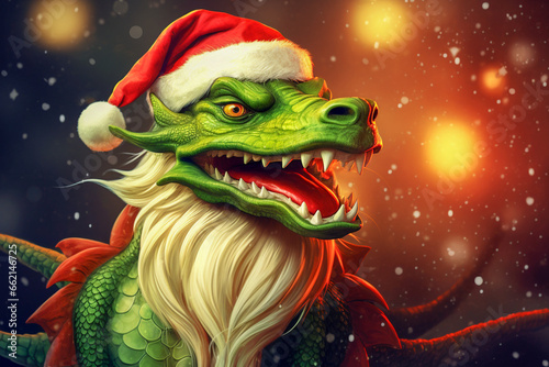 An angry cartoon green dragon wearing a Santa hat on a background of a Christmas tree. © Nataliia