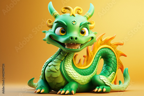 Green Chinese little cute dragon on yellow background