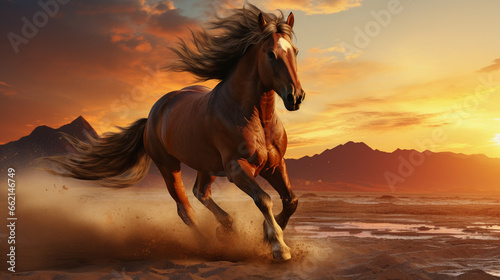 a galloping horse in full growth with a long mane in motion against the backdrop of sunset.
