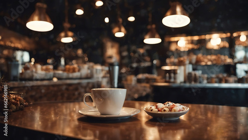 Cafe with coffee and cakes and lamps