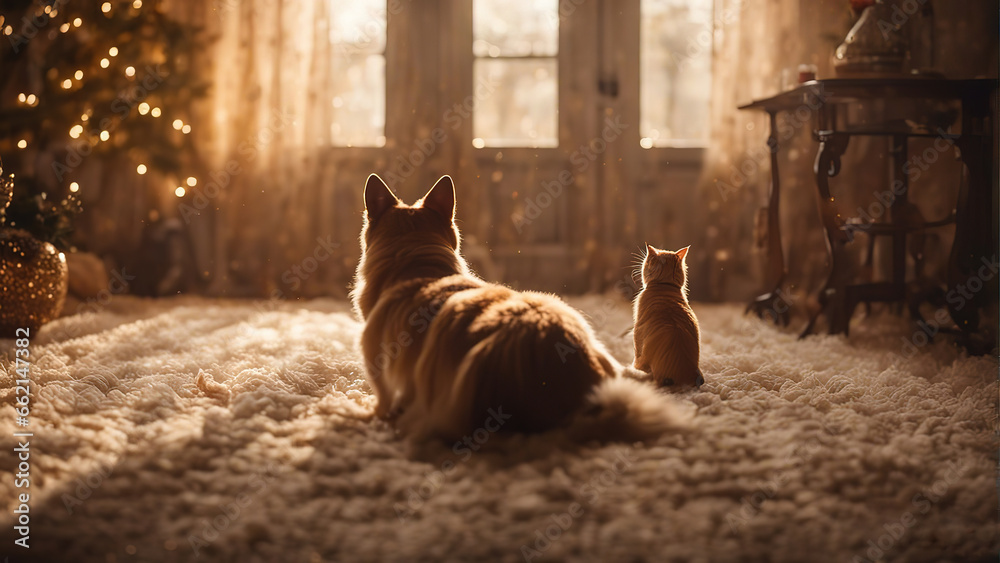 Dog and cat in the New Year's Eve room - obrazy, fototapety, plakaty 
