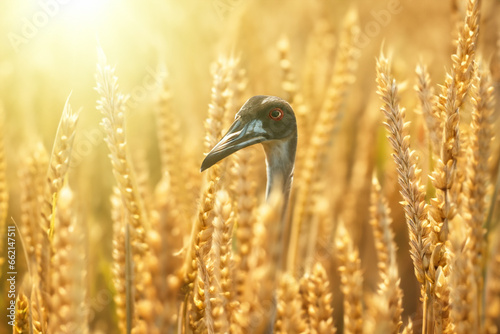 a dark heron flew to a golden wheat field and sat in the ears. AI GENERATE