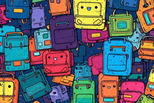 MOLLE backpack system quirky doodle pattern, wallpaper, background, cartoon, vector, whimsical Illustration