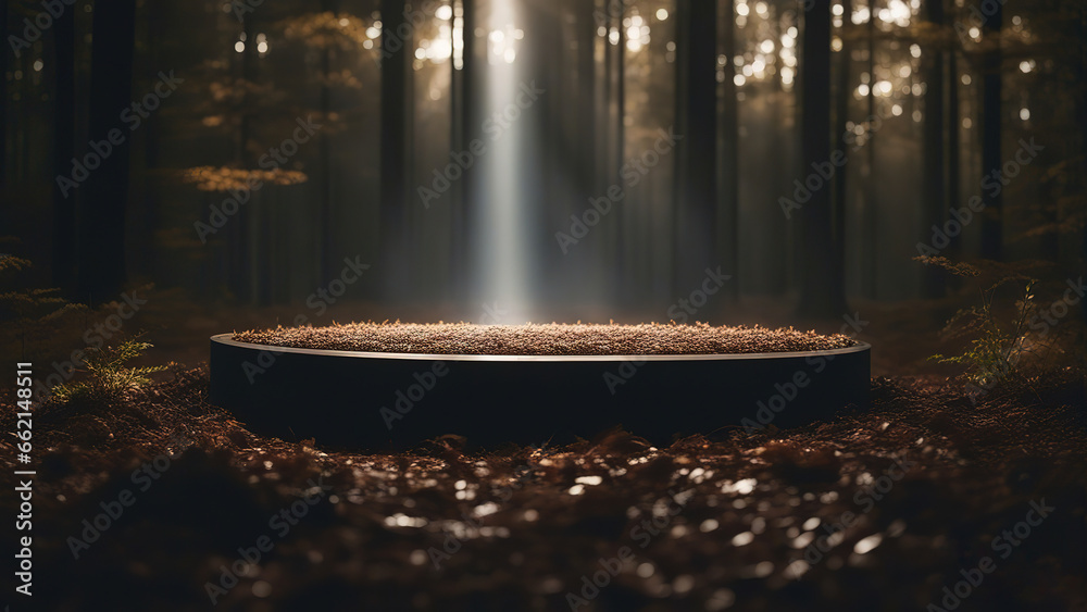 Podium or surface for products against the background of a forest
