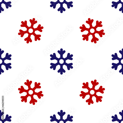 Blue and red Snowflake icon isolated seamless pattern on white background. Vector Illustration