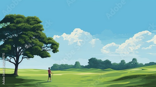 Perfect Putt: Golfer Putting on a Scenic Golf Course with Ample Copy Space