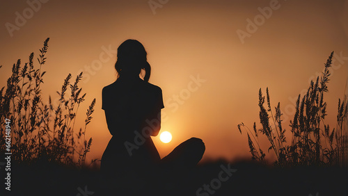 Silhouette of a praying girl with folded palms at sunset