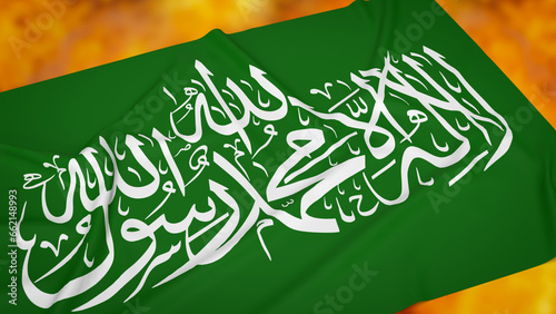 The Hamas flag on fire background 3d rendering