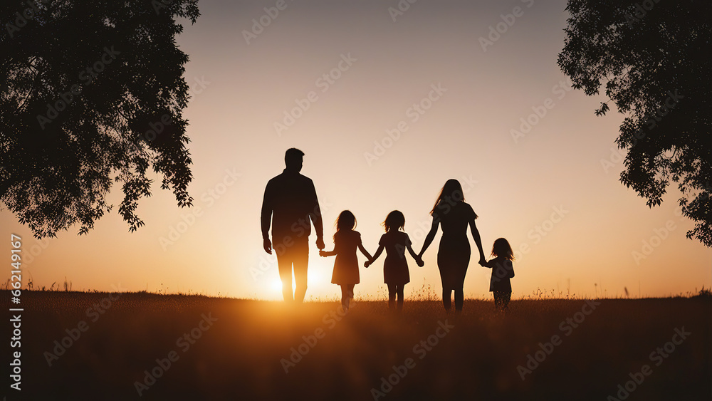 Silhouette of family holding hands and walking in field at sunset