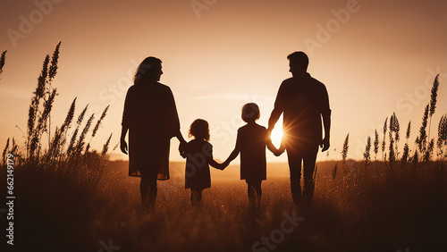 Silhouette of family holding hands and walking in field at sunset