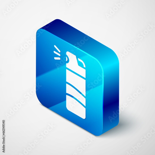 Isometric Pepper spray icon isolated on grey background. OC gas. Capsicum self defense aerosol. Blue square button. Vector