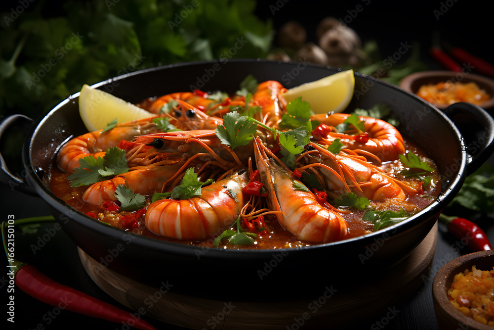 Tom Yum Goong with large shrimp in a bowl