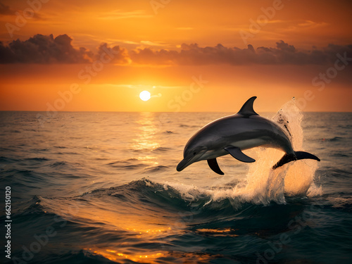 A beautiful dolphin jumped from sea water surface at orange sunset time.  © Vishani 