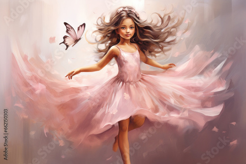 Cute little princess in pink dress with Flowers and butterflies © bit24