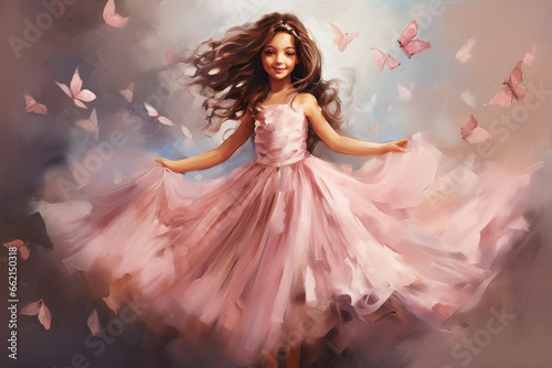 Cute little princess in pink dress with Flowers and butterflies