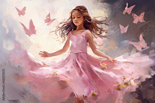 Cute little princess in pink dress with Flowers and butterflies