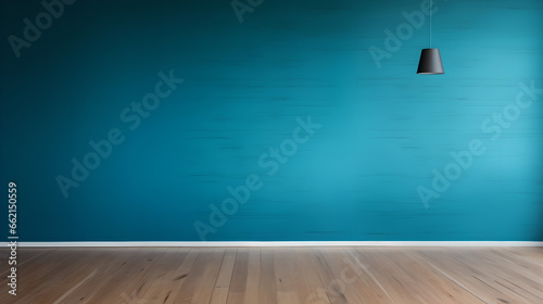 Room with blue wallpaper and black lamp on wooden floor  Generative AI