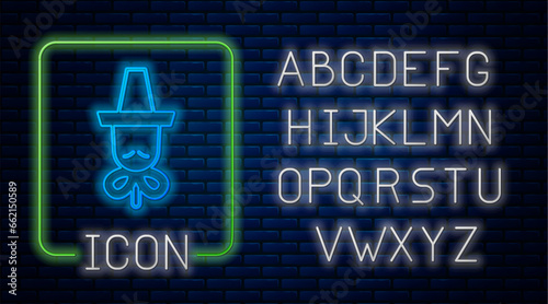 Glowing neon Traditional korean hat icon isolated on brick wall background. Neon light alphabet. Vector