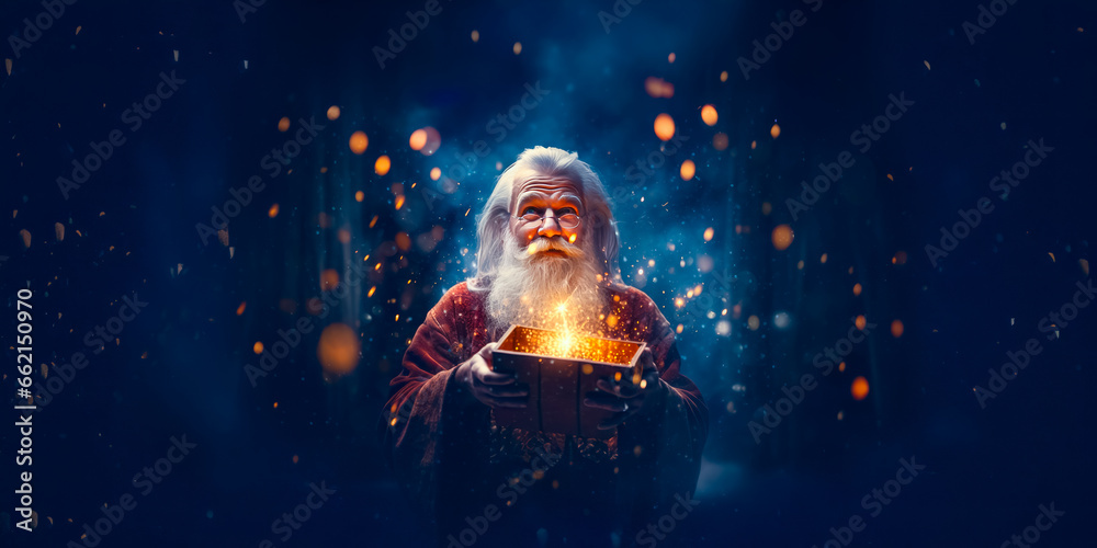 Santa Claus or Saint Nicholas holding magic gift box. Christmas time. Fairytale - obrazy, fototapety, plakaty 