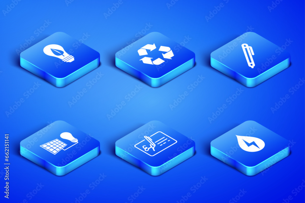 Set Water energy, Light bulb with leaf, Signed document, Solar panel and light, Recycle symbol and Pen icon. Vector