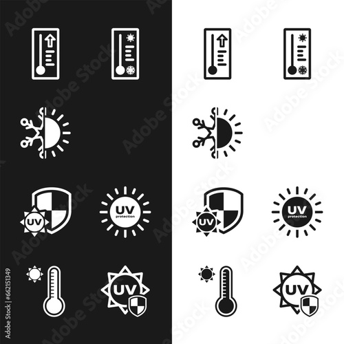 Set Rainbow with sun, Sun and snowflake, Meteorology thermometer, UV protection, and icon. Vector