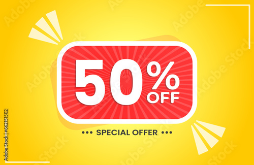 50% off. Yellow banner with 50 percent discount on a red balloon for mega big sales. 50% sale