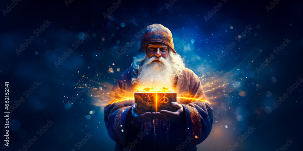 Santa Claus or Saint Nicholas holding magic gift box. Christmas time. Fairytale Santa Claus or Saint Nicholas holding magic gift box. Christmas time. Fairytale