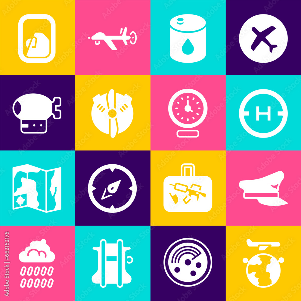 Set Globe with flying plane, Pilot hat, Helicopter landing pad, Barrel oil, Plane propeller, Airship, Airplane window and Clock icon. Vector Set Globe with flying plane, Pilot hat, Helicopter landing pad, Barrel oil, Plane propeller, Airship, Airplane window and Clock icon. Vector