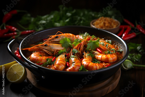 Tom Yum Goong with large shrimp in a bowl