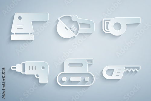 Set Electric planer tool, Leaf garden blower, cordless screwdriver, Reciprocating saw, Angle grinder and sander icon. Vector