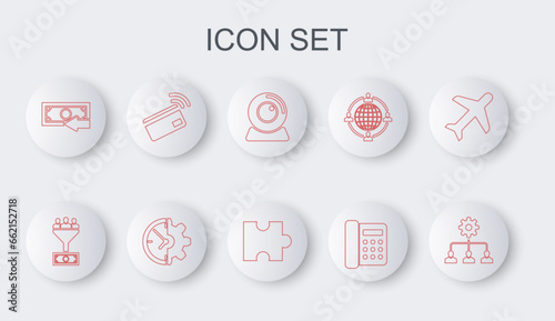 Set line Lead management, Web camera, Telephone, Cash back, Contactless payment, Clock and gear and Piece of puzzle icon. Vector