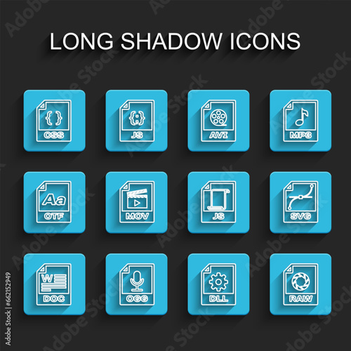 Set line DOC file document, OGG, CSS, DLL, RAW, MOV, SVG and JS icon. Vector