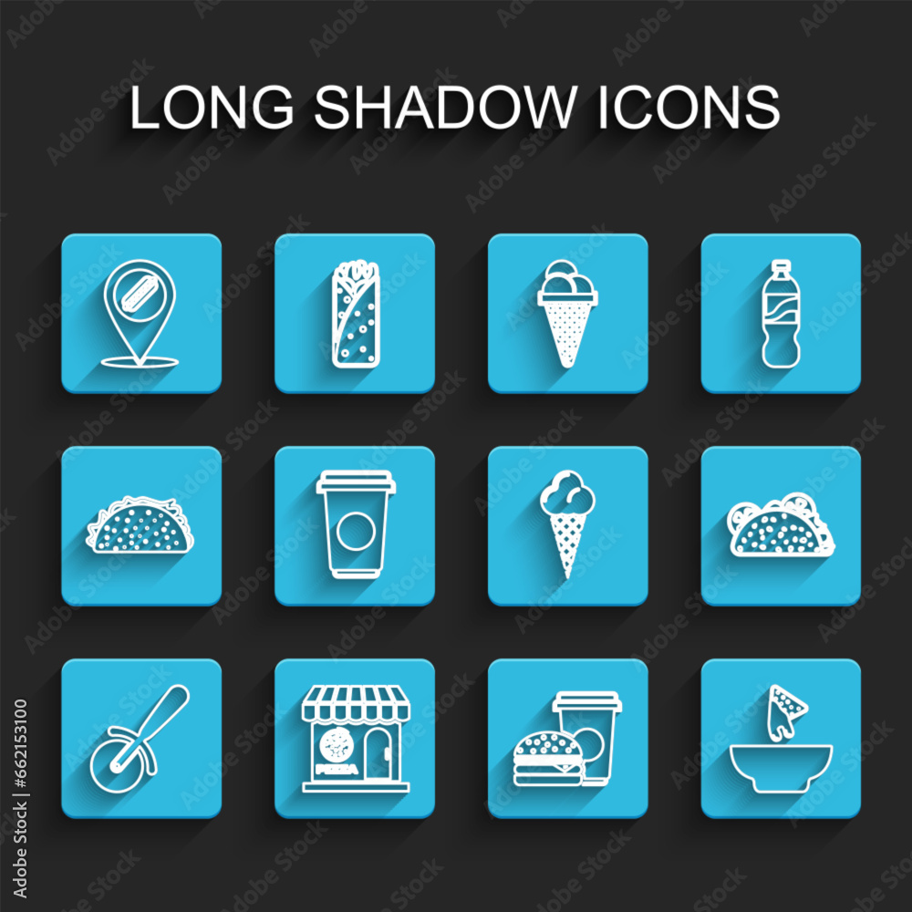 Set line Pizza knife, Pizzeria building facade, Location with hotdog, Coffee and burger, Nachos plate, cup, Taco tortilla and Ice cream waffle cone icon. Vector