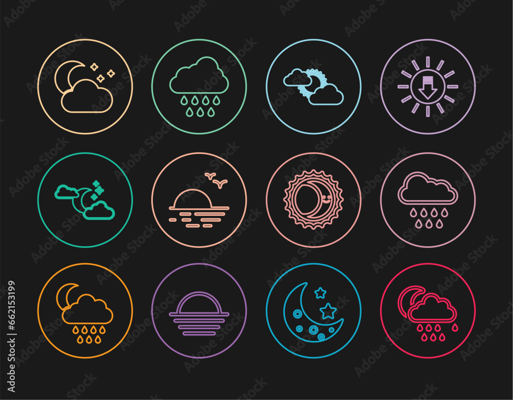 Naklejka premium Set line Cloud with rain and moon, Sun cloud weather, Sunset, stars, Eclipse of sun and icon. Vector