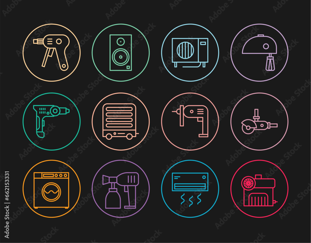 Set line Air compressor, Angle grinder, conditioner, Electric heater, drill machine, hot glue gun, and Stereo speaker icon. Vector Set line Air compressor, Angle grinder, conditioner, Electric heater, drill machine, hot glue gun, and Stereo speaker icon. Vector