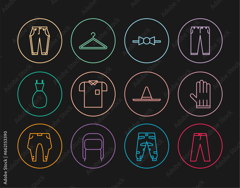 Set line Pants, Leather glove, Bow tie, Polo shirt, Woman dress, Gardener worker hat and Hanger wardrobe icon. Vector Set line Pants, Leather glove, Bow tie, Polo shirt, Woman dress, Gardener worker hat and Hanger wardrobe icon. Vector