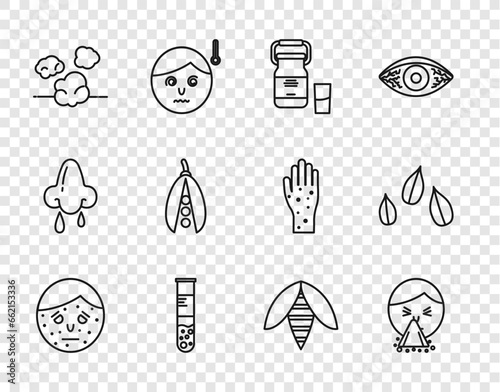 Set line Face with psoriasis or eczema, Handkerchief to his runny nose, Can container for milk, Test tube flask, Dust, Kidney beans, Bee and Sesame seeds icon. Vector