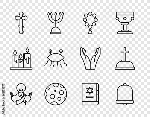 Set line Jesus Christ, Church bell, Rosary beads religion, Moon, Christian cross, Pastafarianism, Jewish torah book and Tombstone with icon. Vector