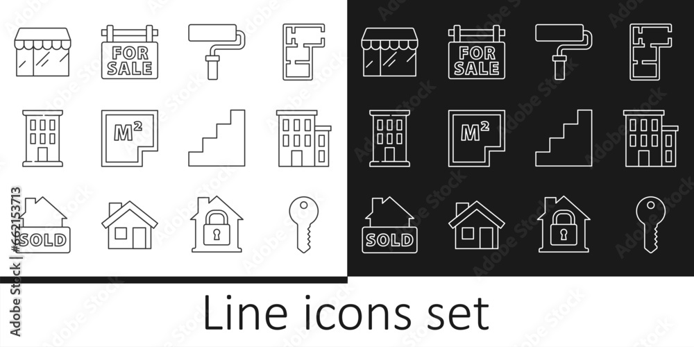 Set line House key, Paint roller brush, plan, Market store, Staircase and Hanging sign with For Sale icon. Vector