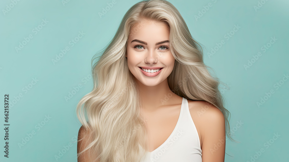 portrait of a woman with blond healthy silky hair, happy and smiling woman, beauty portrait of a woman with blond healthy silky hair, happy and smiling woman, beauty